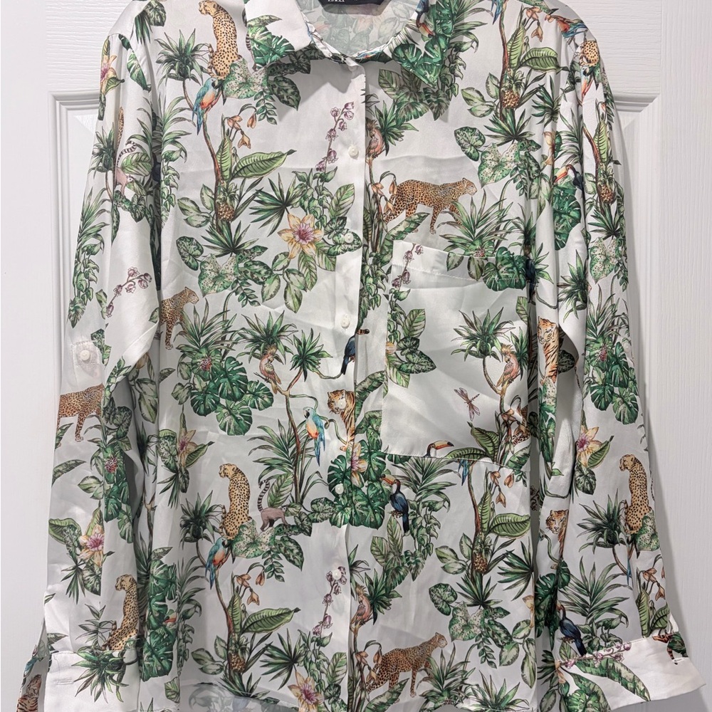 Zara White and Green Jungle Print Blouse